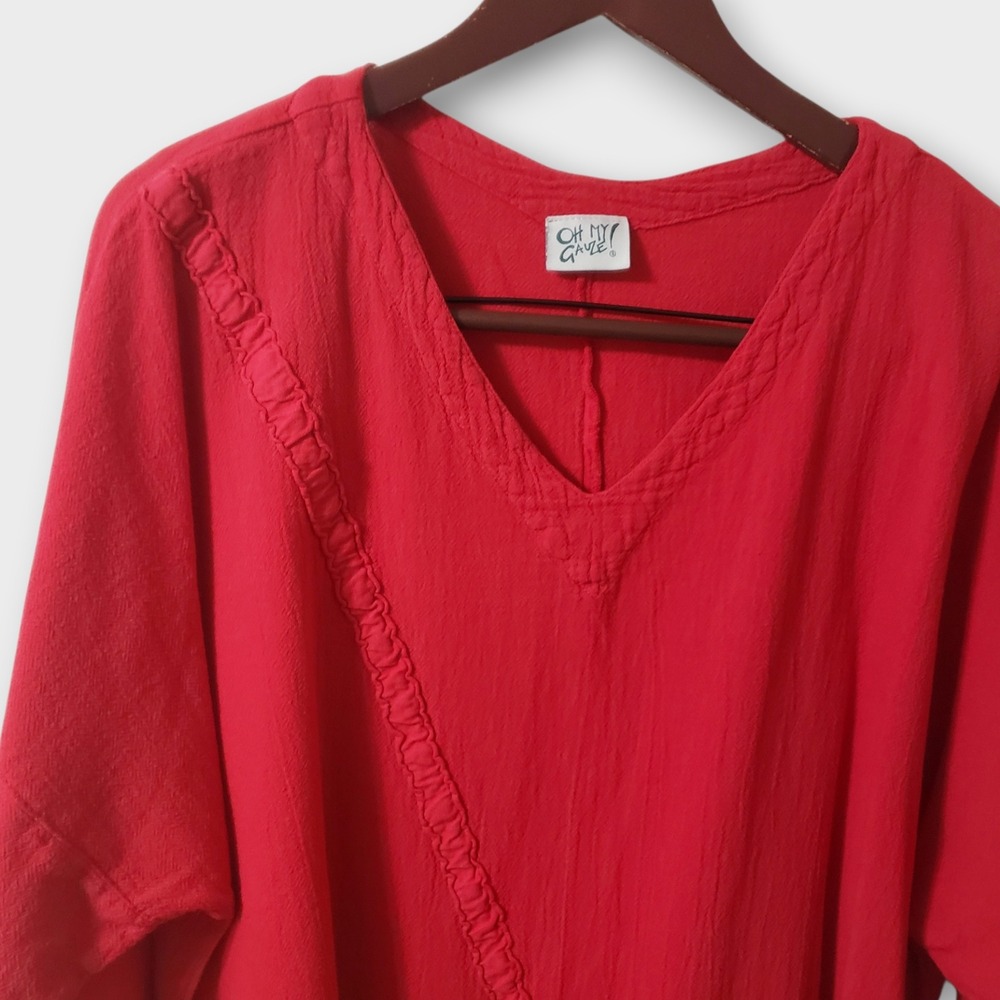 Oh My Gauze Red Artsy 100% Cotton Asymmetric Tunic Top Size 2 L/XL Lagenlook - Picture 2 of 11